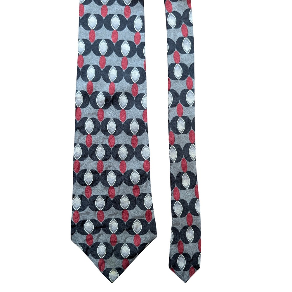 JT Beckett Geometric Silk Tie Grey Black‎ Red Italian Silk Necktie L57.5" W4" - Picture 3 of 8